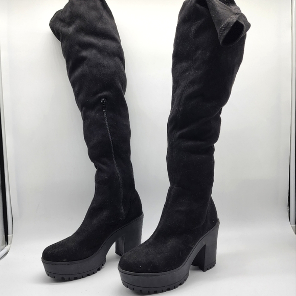 Aus 10 Black Thigh High Platform Faux Suede Boots - Picture 1 of 16